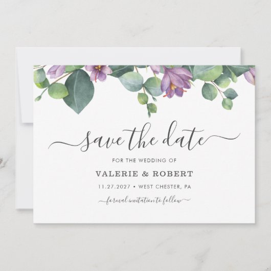 Save The Date Succulent floral pourpre d'eucalyptus (Devant)