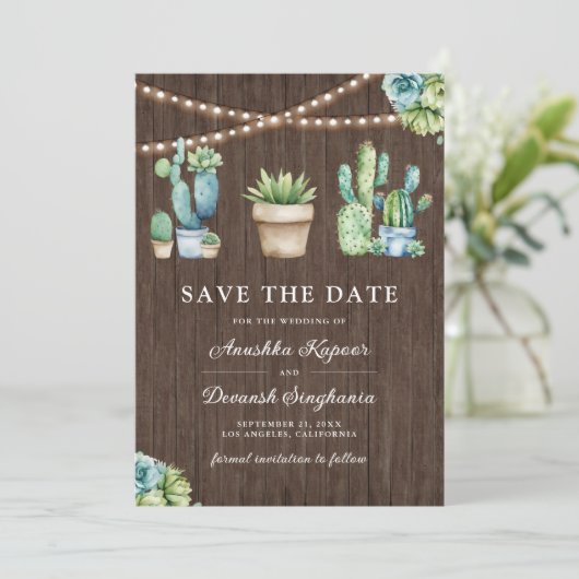 Save The Date Succulent verdure Cactus Pots Mariage photo en boi (Debout devant)