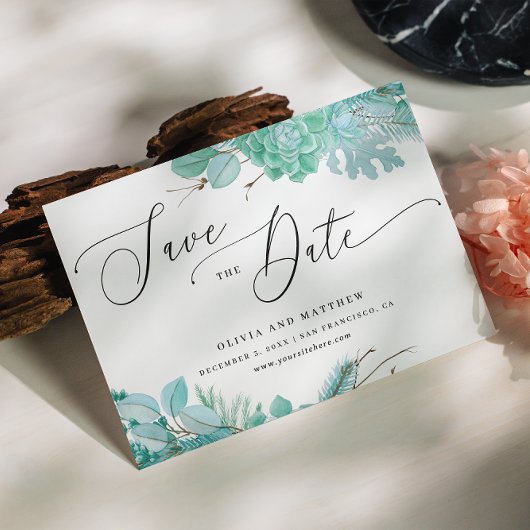 Save The Date Succulentes florales à la menthe. Mariage au cactu