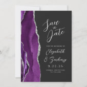 Save The Date Suite de mariage violet argent foncé Agate Script (Devant)