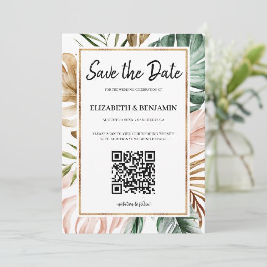 Save The Date Summer Tropical Feuilles QR Code Photo Enregistrer (Debout devant)