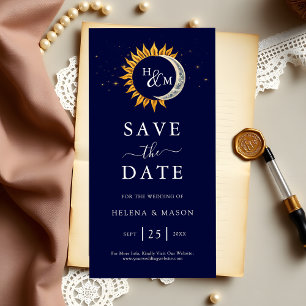 Save The Date Sun Moon Stars Monogram Navy Blue Mariage