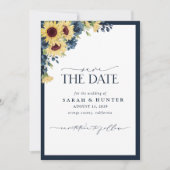 Save The Date Sunflower Bleu Script Mariage Floral Enregistrer L (Devant)