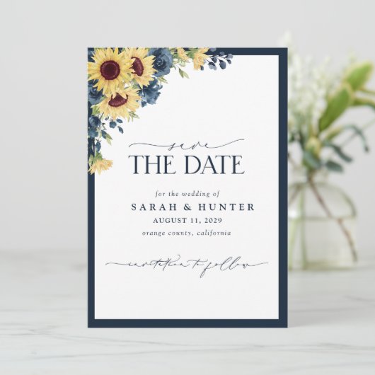 Save The Date Sunflower Bleu Script Mariage Floral Enregistrer L (Debout devant)
