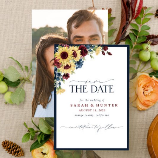 Save The Date Sunflower Blue Burgundy Script Mariage photo