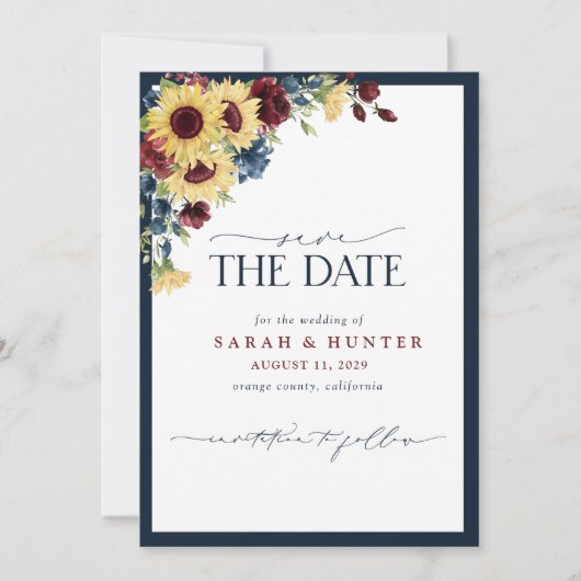 Save The Date Sunflower Blue Burgundy Script Mariage photo (Devant)