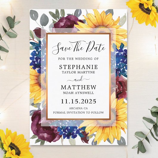 Save The Date Sunflower Burgundy Marine Floral Mariage frontière