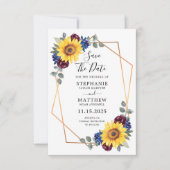 Save The Date Sunflower Burgundy Navy Floral Mariage géométrique (Devant)