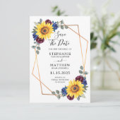 Save The Date Sunflower Burgundy Navy Floral Mariage géométrique (Debout devant)