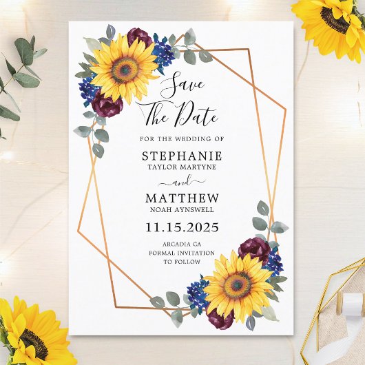 Save The Date Sunflower Burgundy Navy Floral Mariage géométrique