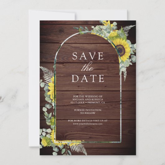 Save The Date Sunflower Eucalyptus Photo Mariage en bois (Devant)