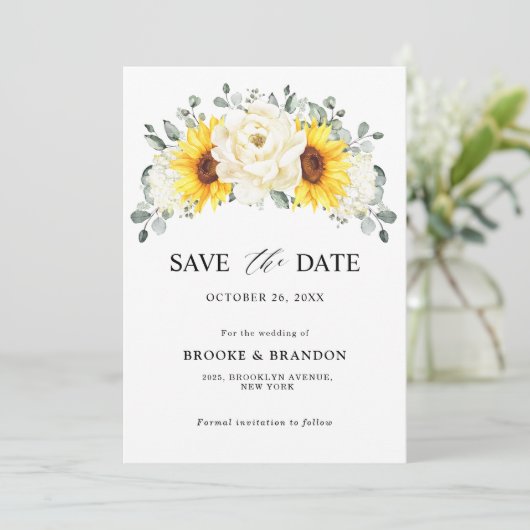 Save The Date Sunflower Ivory Peony Floral Eucalyptus Wedding (Debout devant)