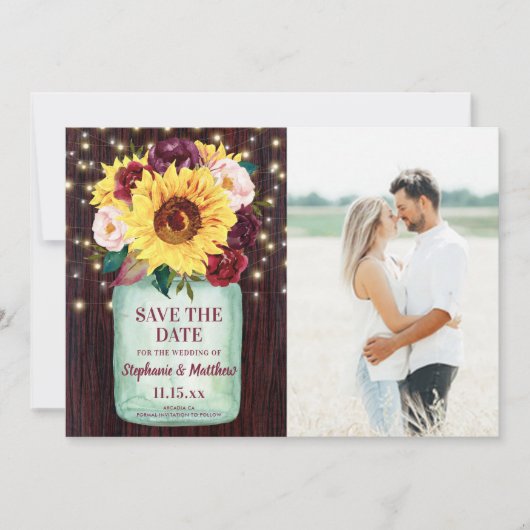 Save The Date Sunflower Mason Jar Lumières en bois Mariage photo (Devant)