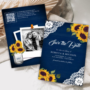 Save The Date Sunflower Navy Blue Photo QR Code Mariage