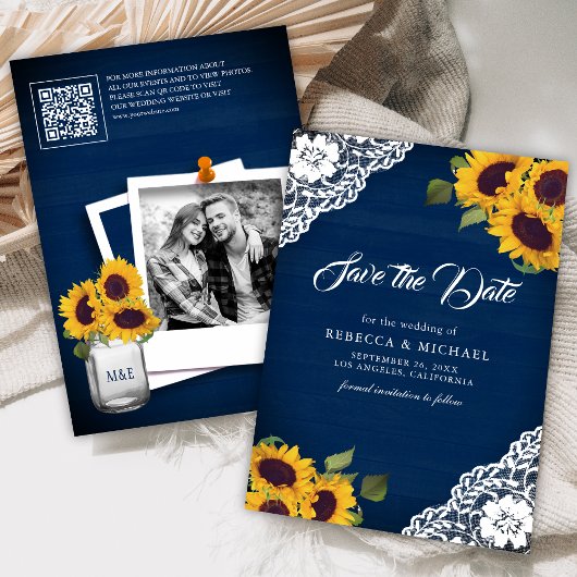 Save The Date Sunflower Navy Blue Photo QR Code Mariage