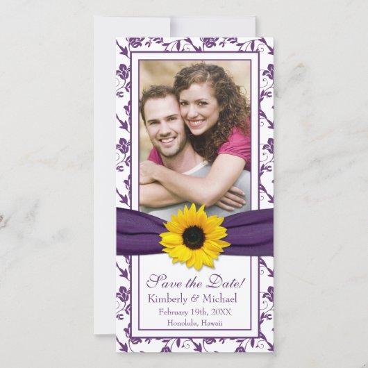 Save The Date Sunflower Purple Floral Ribbon Photo Enregistrer l (Devant)