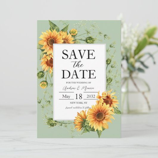 Save The Date Sunflower Sage Green Wedding Enregistrer La Date (Debout devant)