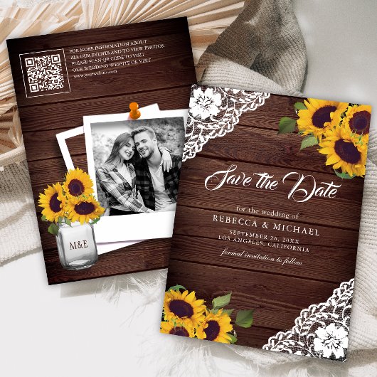 Save The Date Sunflower Wood Photo QR Code Mariage