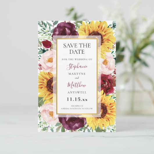 Save The Date Sunflowers Bourgogne Mariage or (Debout devant)