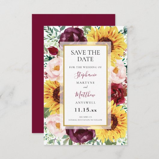 Save The Date Sunflowers Bourgogne Mariage or (Devant / Derrière)