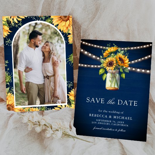 Save The Date Sunflowers Navy Blue Mason Jar Photo Mariage