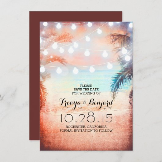 Save The Date Sunset Beach & String Lights Enregistrer la date (Devant / Derrière)