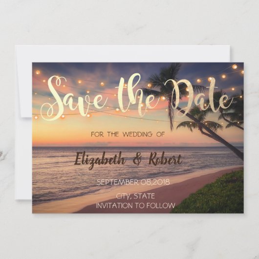 Save The Date Sunset Beach Wedding, Palmiers, Lumières Enregistr (Devant)