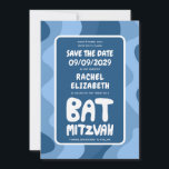Save The Date Super Blue Waves Custom Bat Bar Bnai Mitzvah<br><div class="desc">Carte idéale pour annoncer un bar, un bat mitzvah ou une autre fête juive et demander aux invités de sauvegarder la date! L'art fait main pour vous avec le lettrage sur le devant et le dos! (consultez le magasin ou le DM pour les options BAR/BAT) ENTIÈREMENT PERSONNALISABLE ! Cliquez sur...</div>
