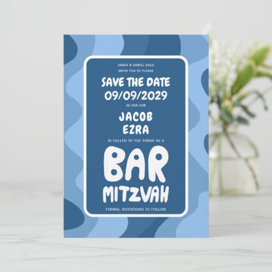Save The Date Super Blue Waves Custom Bat Bar Bnai Mitzvah (Debout devant)