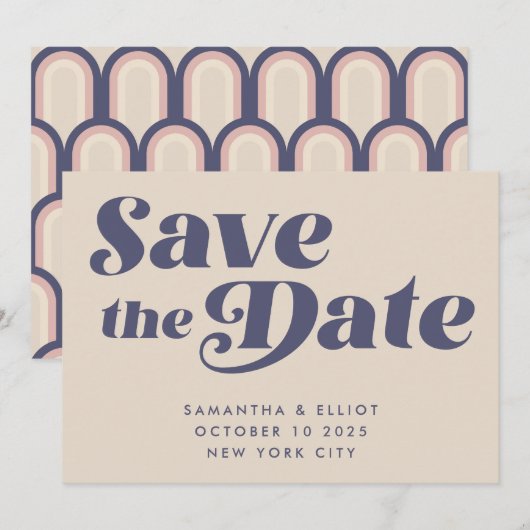 Save The Date Super Retro les années 70 Beige Marine Bleu (Devant / Derrière)