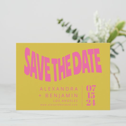 Save The Date Super Retro Mod Unique rose Jaune Photo (Debout devant)