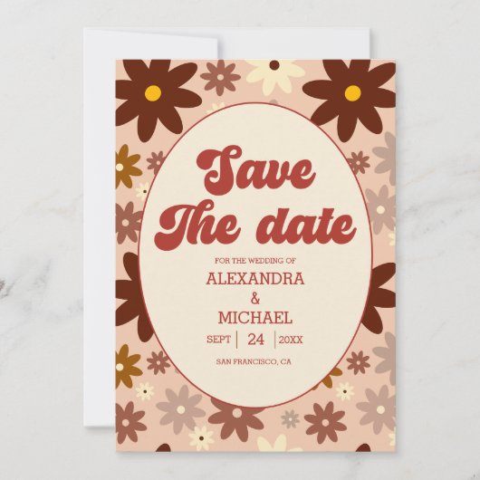 Save The Date Super Super rétro les années 70 Mariage fleuri (Devant)