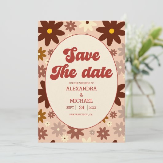 Save The Date Super Super rétro les années 70 Mariage fleuri (Debout devant)