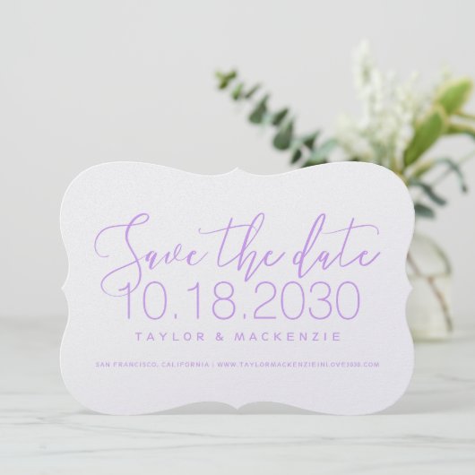 Save The Date Support de script minimal moderne Lilac Enregistre (Debout devant)