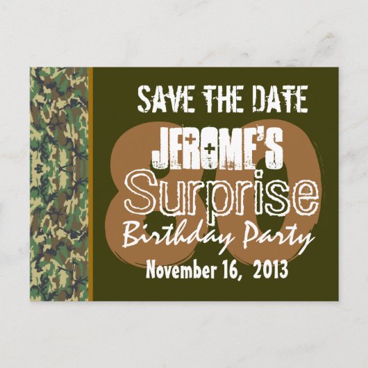 Save the Date Surprise 80th Party CAMO V02 Aankondigingskaart (Voorkant)