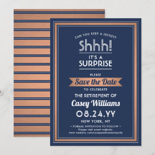 Save The Date Surprise Retraite Party Marine Bleu Blanc & Cuivre
