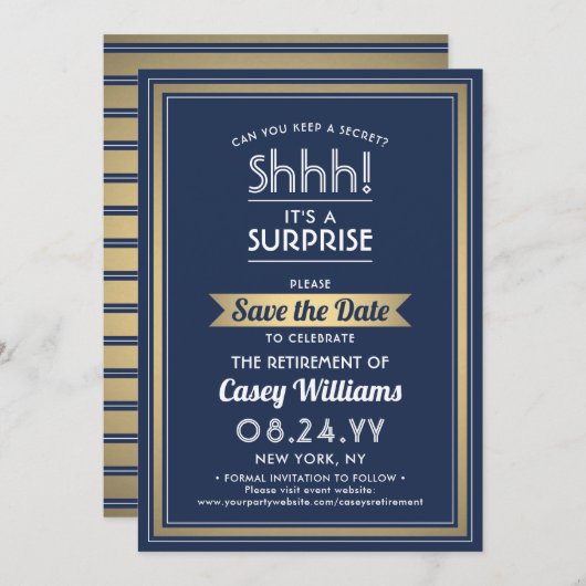 Save The Date Surprise Retraite Party Shhh ! Marine bleu et or (Devant / Derrière)