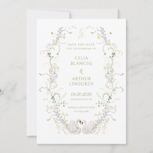 Save The Date Swans Floral Frame Monogram Wedding  (Devant)