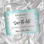 Save The Date Sweet 16 argent turquoise parties scintillant vert<br><div class="desc">Une fille et tendance Enregistrer la date pour une Sweet 16, 16e fête d'anniversaire. Un arrière - plan faux argenté décoré de poussière de parties scintillant turquoise et verte. Personnalisez et ajoutez une date et un nom/âge. Le texte : Save the Date est écrit avec un grand script de style...</div>
