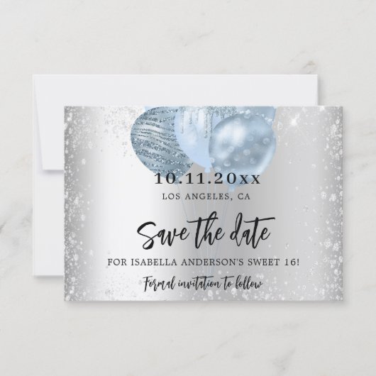 Save The Date Sweet 16 ballons bleu argent scintille script (Devant)