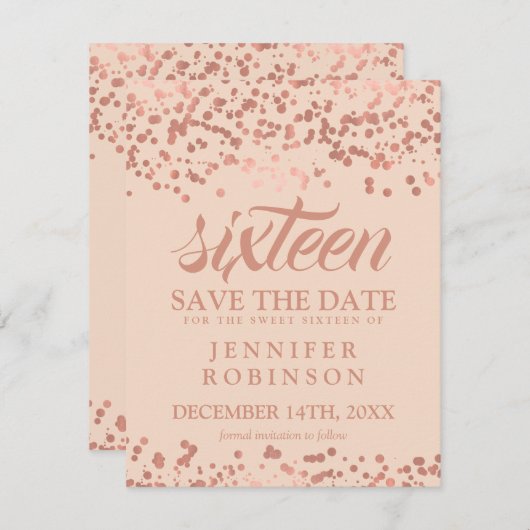 Save The Date Sweet 16 Date de sauvegarde Rose Gold Foil Confett (Devant / Derrière)