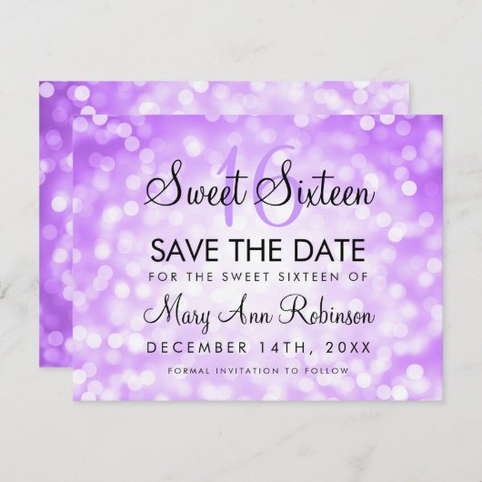 Save The Date Sweet 16 Enregistrer La Date Purple Parties scinti (Devant / Derrière)