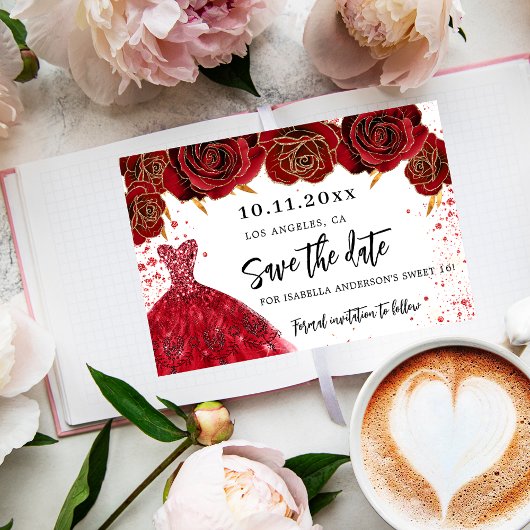 Save The Date Sweet 16 flores de robe or noir glamour