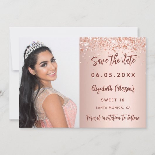 Save The Date Sweet 16 rose en or script photo (Devant)