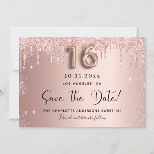 Save The Date Sweet 16 rose or parties scintillant argent enregi (Devant)