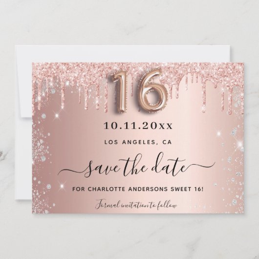 Save The Date Sweet 16 rose or parties scintillant photo (Devant)