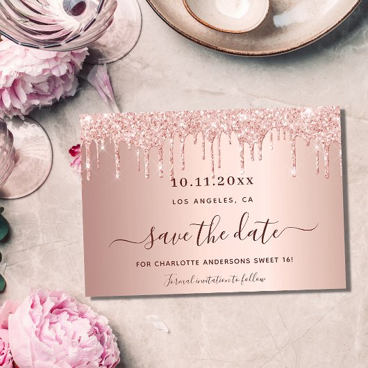 Save The Date Sweet 16 roses gouttes de parties scintillant d'or