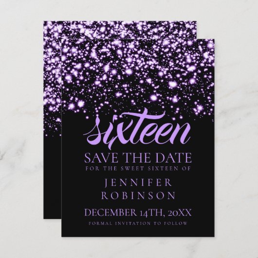 Save The Date Sweet 16 "Save The Date" Purple Midnight Glam (Devant / Derrière)
