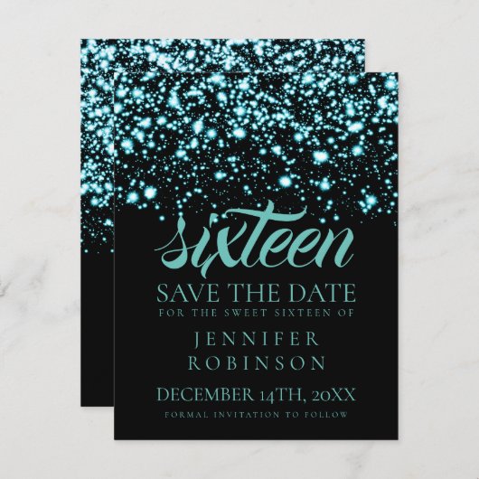 Save The Date Sweet 16 "Save The Date" Turquoise Glam de minuit (Devant / Derrière)