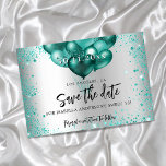 Save The Date Sweet 16 turquoises ballons de parties scintillant<br><div class="desc">Une fille et tendance Enregistrer la date pour une Sweet 16, 16e fête d'anniversaire. Un arrière - plan faux argenté décoré de parties scintillant turquoise et verte, de mousseux et de ballons. Personnalisez et ajoutez une date et un nom/âge. Le texte : Save the Date est écrit avec un grand...</div>
